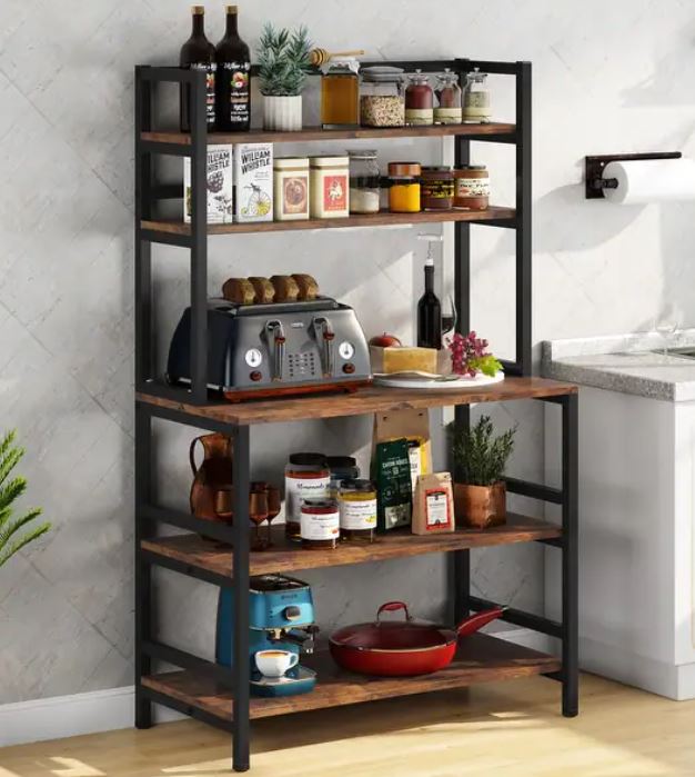 black and brown sturdy 5-tier baker's rack with kitchenware and food on shelves