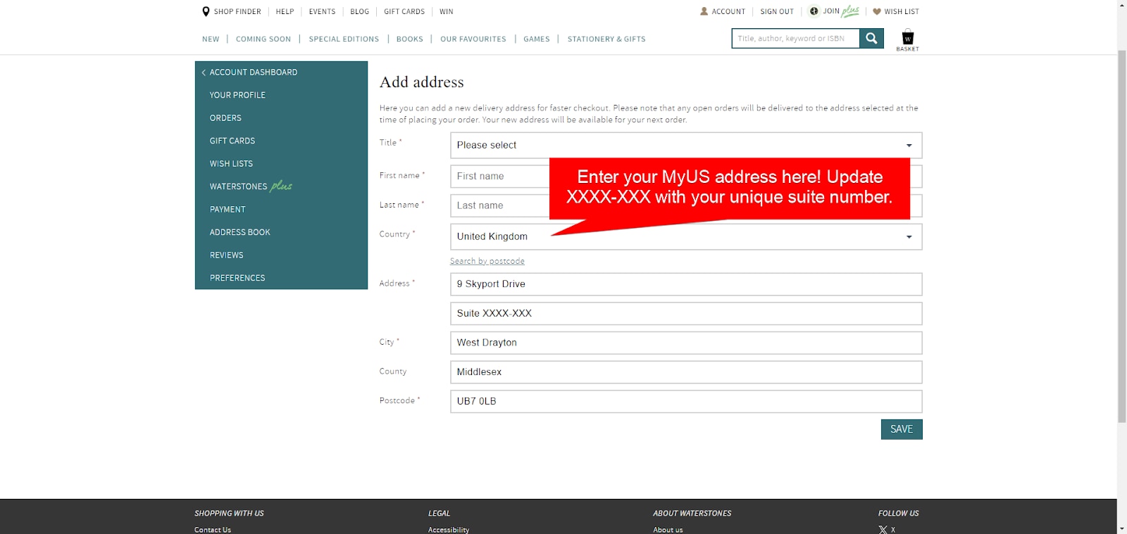 Add MyUS Address to Waterstones Member Checkout