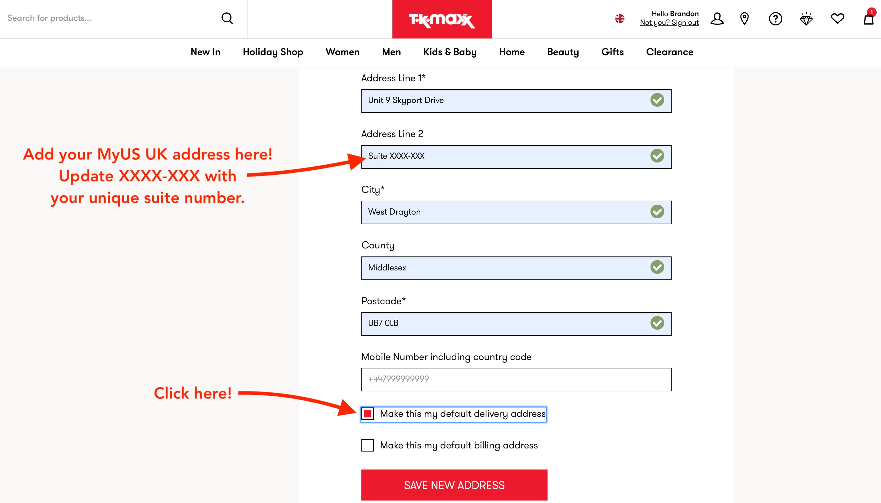 Add MyUS Address to TK Maxx Member Checkout