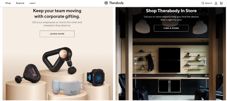 A screenshot of the Therabody website showing their various offers and products