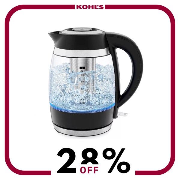 A clear glass kettle with black accents