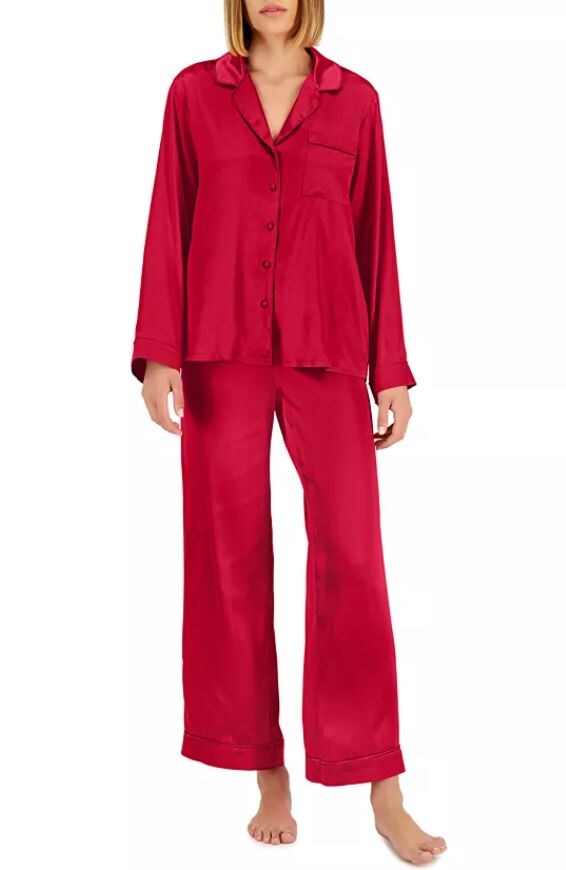 model wearing red satin pajamas