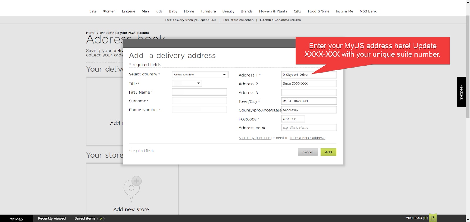 Add MyUS Address to Marks & Spencer Member Checkout