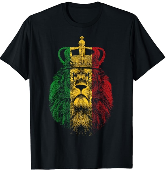 Black t-shirt with a print of a crowned lion in the colors of the Rastafarian flag