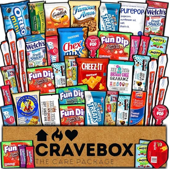 CRAVEBOX brand Snacks box care package with snacks such as Oreo mini, purepop, Welch’s goldfish, fun dip, cheez-it, chex mix etc.