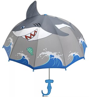 A grey and blue Kidorable Little Boys Shark Umbrella with a Hammerhead Shark handle and art of tidal waves, and a green fish