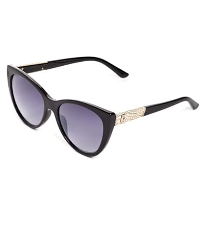 A black pair of sunglasses with a gold embellishment on the frame