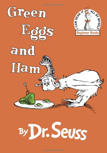 The orange cover of the book “Green Eggs and Ham” by Dr. Seuss