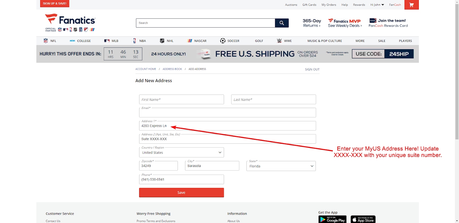 Add MyUS Address to Fanatics Member Checkout