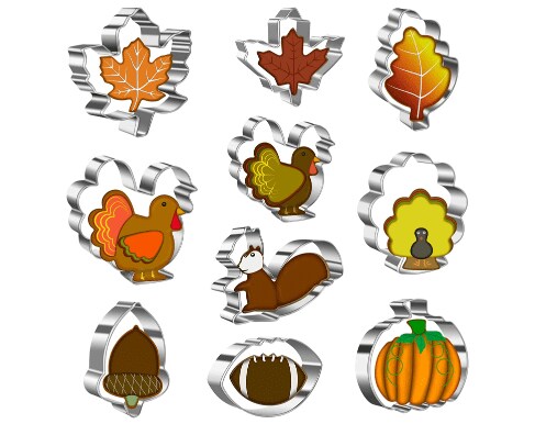 Thanksgiving Cookie Cutters Set- 10 Piece Fall & Holiday Cookie Cutters - Pumpkin Turkey Football Maple Leaf Oak Leaf Squirrel Acorn - Large Cookie Cutters for Fall Thanksgiving Party 