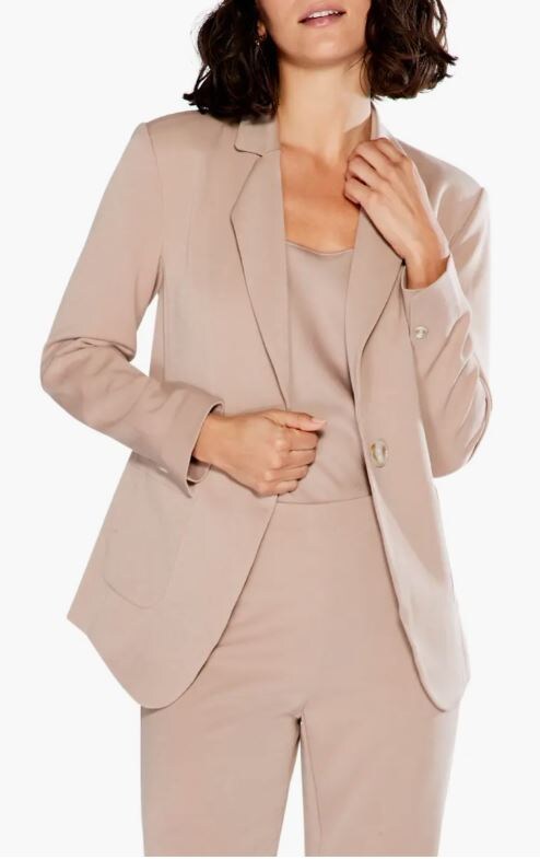 nude mochaccino colored blazer and pants suit