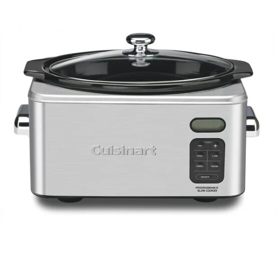 Cuisinart PSC-650 6.5 quart programmable slow cooker in grey, an LCD time display, and a glass lid