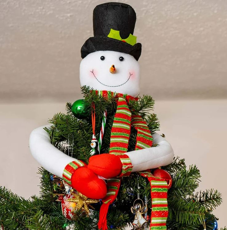 snowman christmas tree topper with black top hat, carrot nose, multicolor scarf and bendable arms that hug the tree
