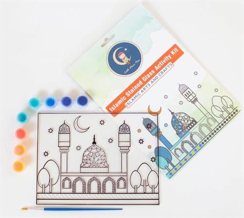 Ramadan stain glass paint set with picture of mosque, paints, a brush, and booklet