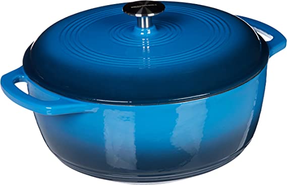 4.3 quart sized blue enameled cast iron covered round dutch oven