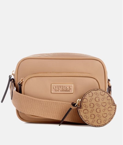 A brown crossbody purse with two compartments and an added coin purse