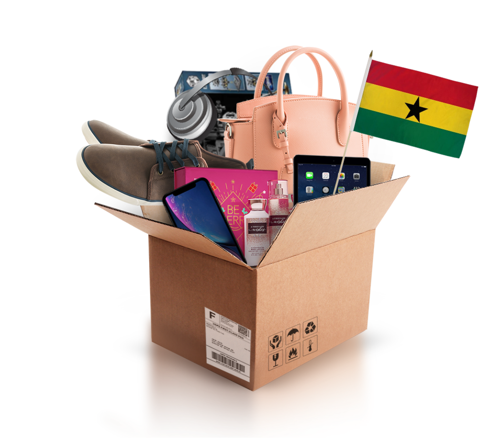 box with various products and the flag of ghana