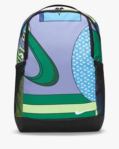 Nike’s purple, green and blue Brasilia kids’ printed backpack