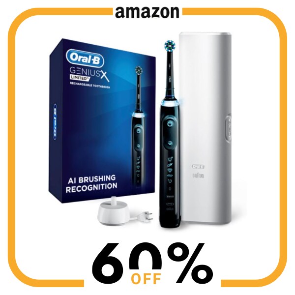 A black electric toothbrush next to a white case and a blue box