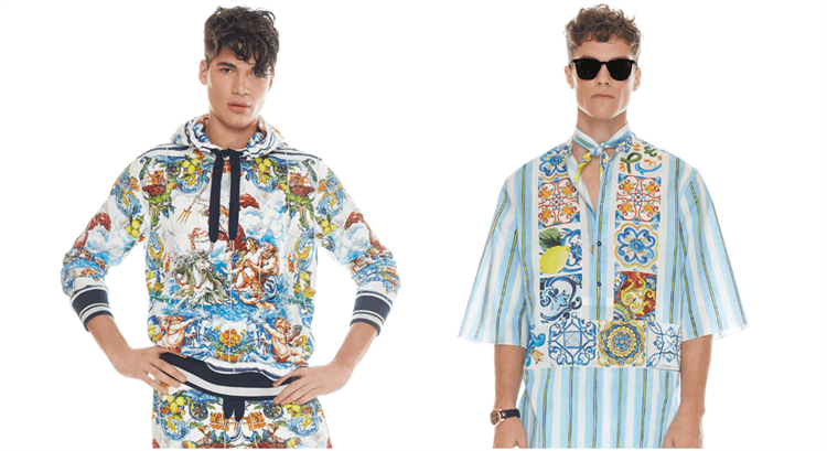 Male wearing artsy patterned two piece outfit and male wearing blue striped and patterned shirt