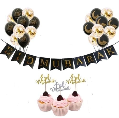 Eid Mubarak party kit including a banner, balloons, and cupcake toppers