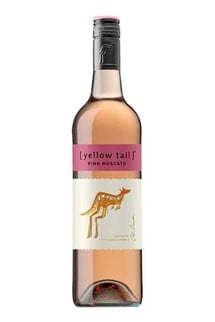 A bottle of Yellow Tail Pink Moscato with an orange kangaroo label on it