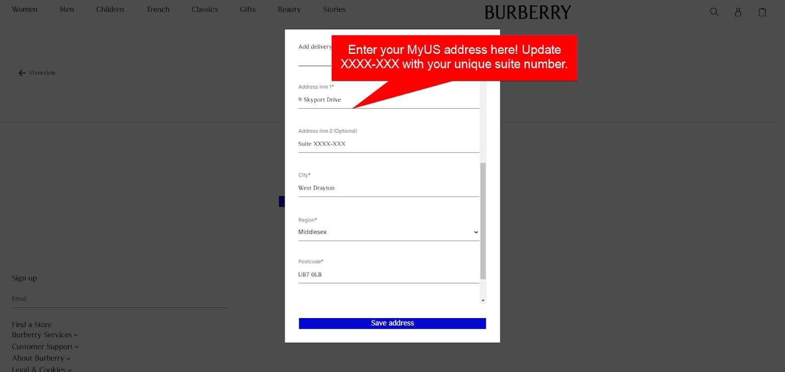 Add MyUS Address to Burberry Member Checkout