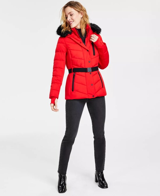Women’s Faux-Fur-Trim Hooded puffer coat in red