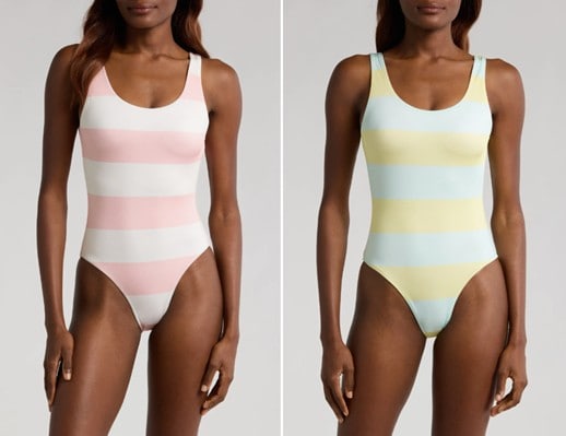 Model wearing the Annemarie one-piece striped suit in white and pink and mint and yellow