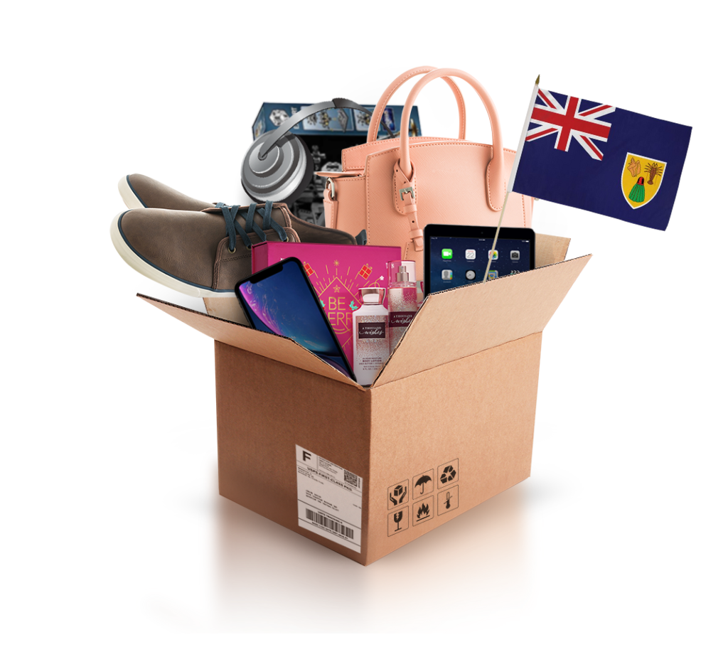 box with various products and the flag of turks caicos