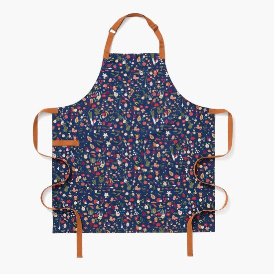 Farmers’ Market apron in blue with floral design and brown stripes