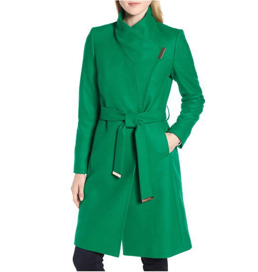 Female wearing bright green coat with tie strings
