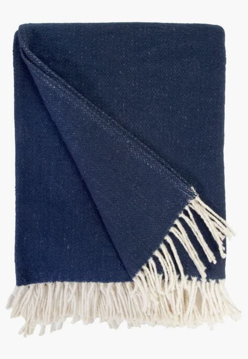 blue and white fringe cotton throw blanket