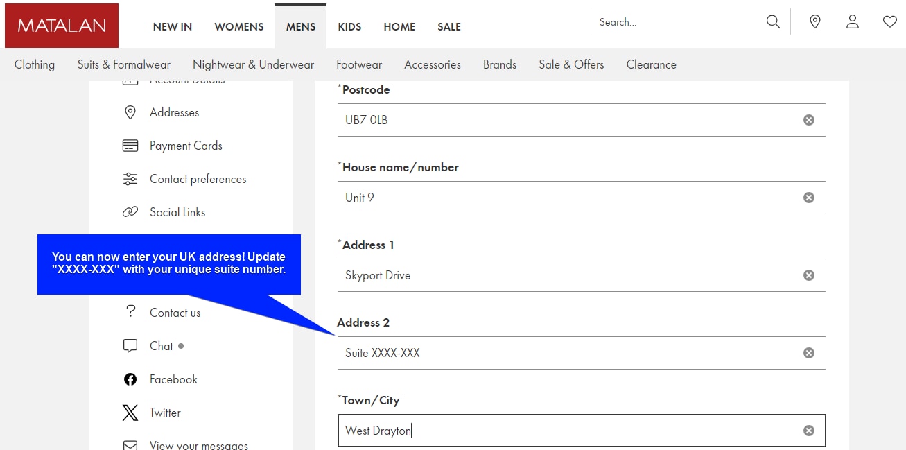 Add MyUS Address to Matalan Member Checkout