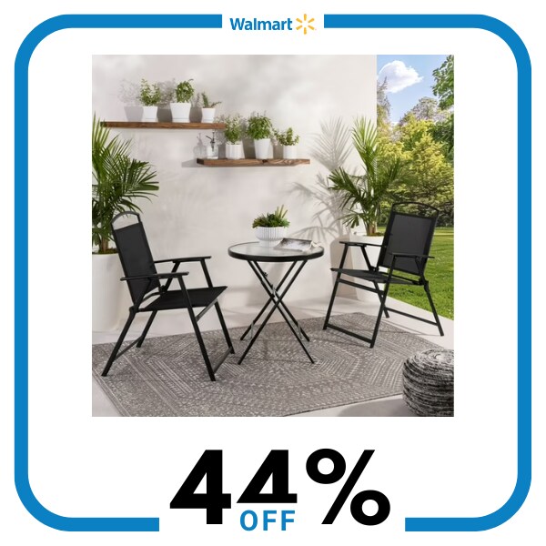 A black table and two chairs