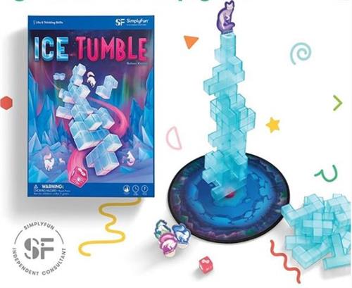 Ice Tumble game made up of ice blue building blocks next to its box