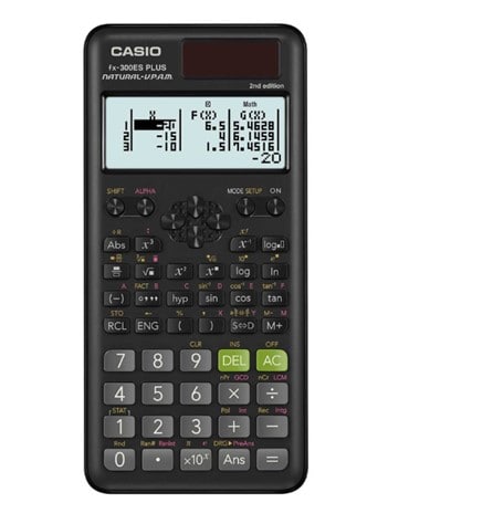 A black Casio FX-300ES Plus scientific calculator