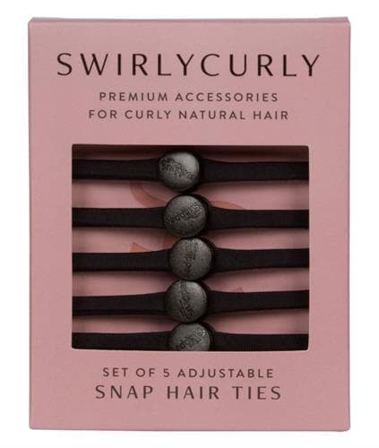 Pink box of black Swirly Curly snap-closure hair bands.