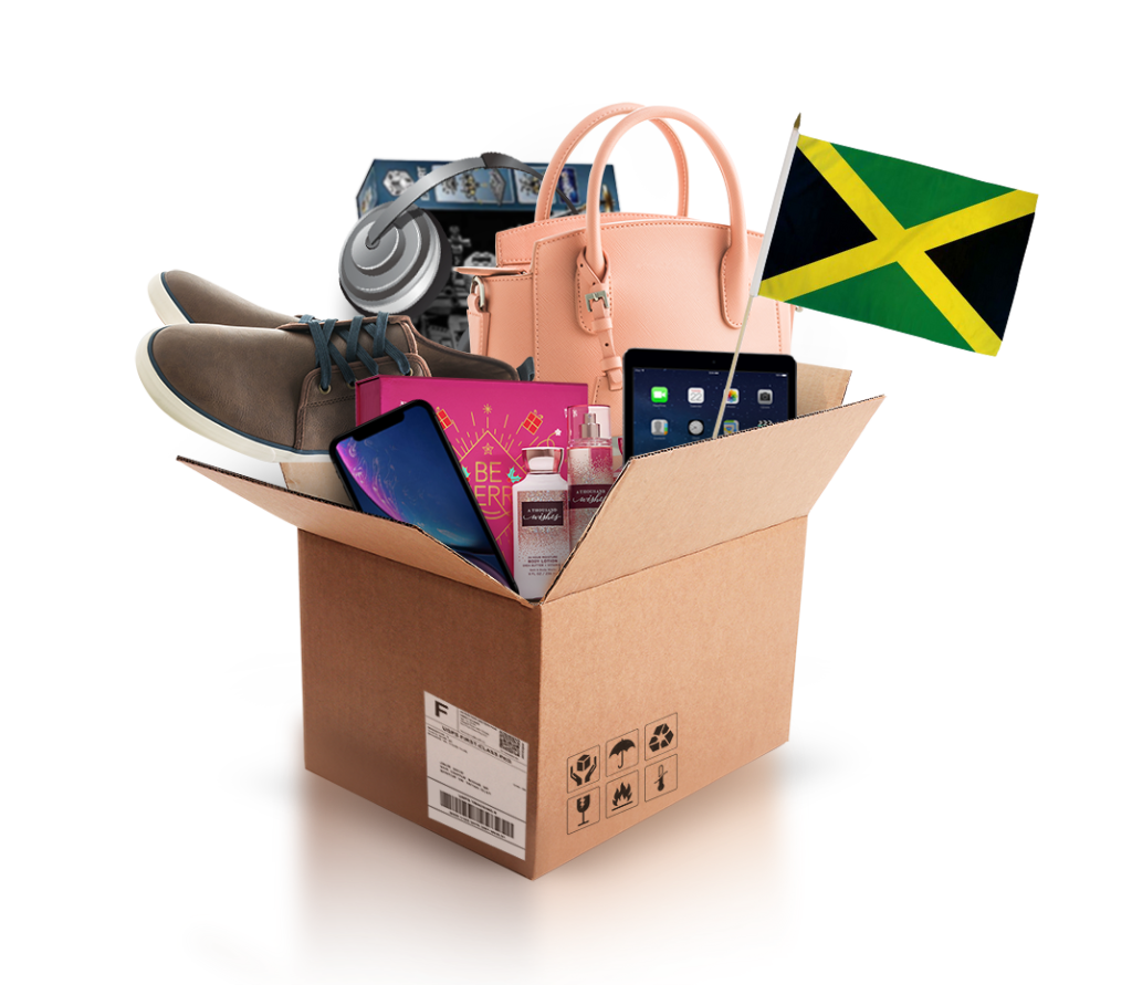 box with various products and the flag of jamaica