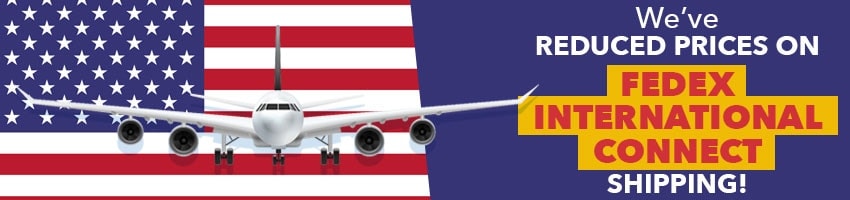 American flag with white airplane and text reads "We've Reduced Prices on FedEx International Connect Shipping!"