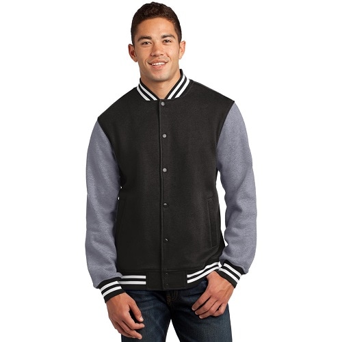 Sport-Tek black fleece letterman jacket with gray sleeves