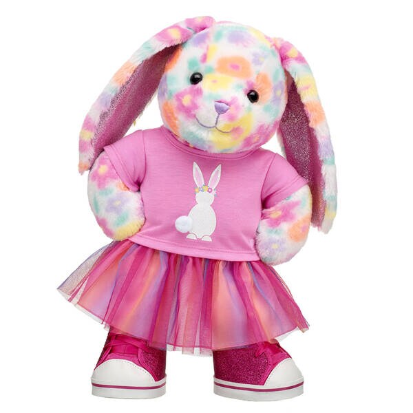 colorful spotted rabbit with pink shirt, skirts, and shoes