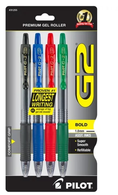 A pack of black, blue, red, and green Pilot G2 refillable pens.