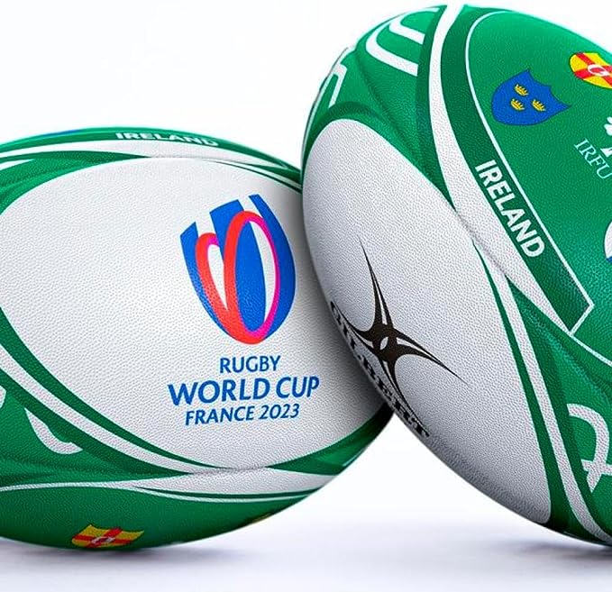 green, white, and black Gilbert official 2023 Rugby World Cup ball