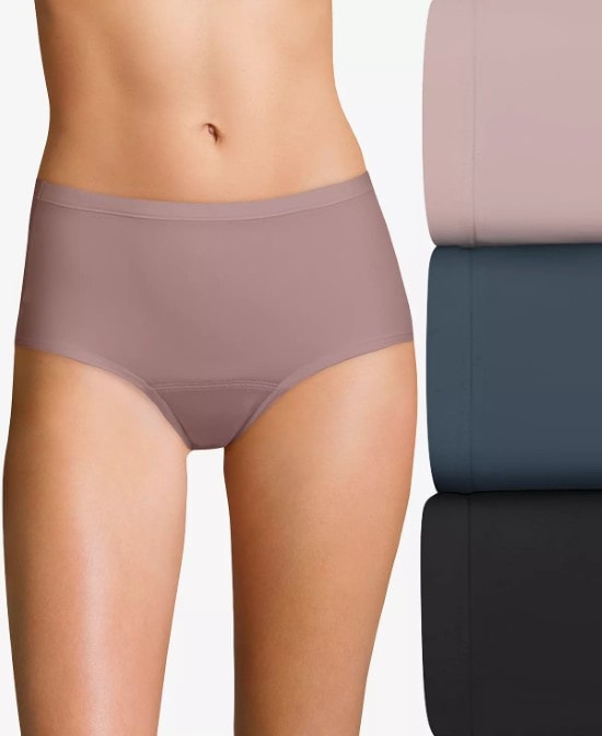Hanes women’s fresh and dry light period underwear in soft rose-color worn by a female model, a pack of black, blue, and rose-colored underwear shown on the right