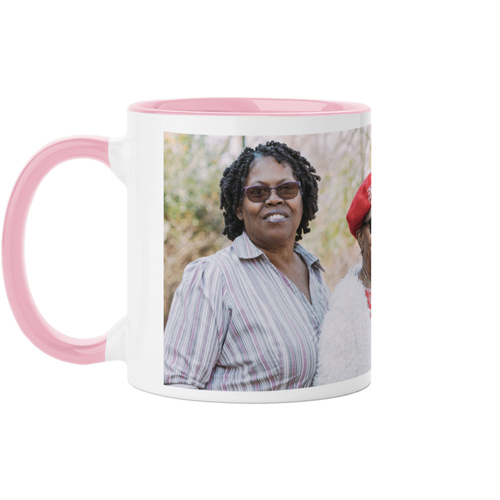 pink customizable coffee mug with an image of a woman on the front