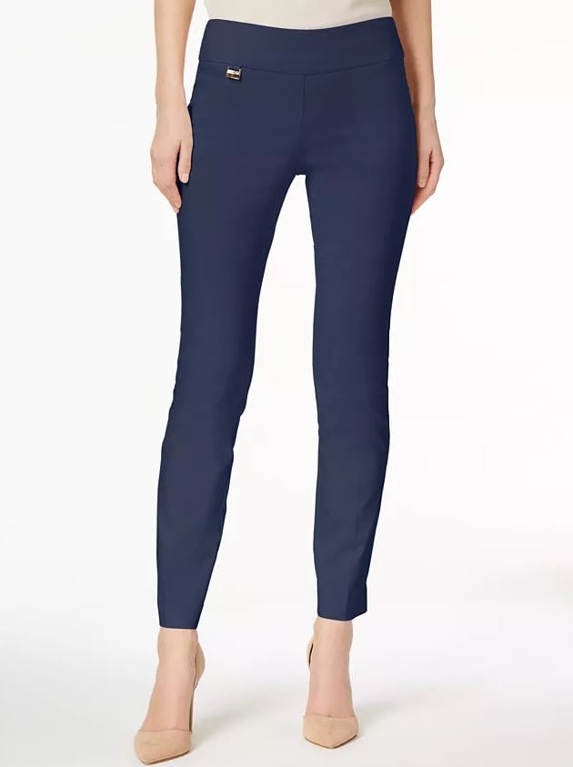 navy blue stretch fit tummy control pants with nude suede heels