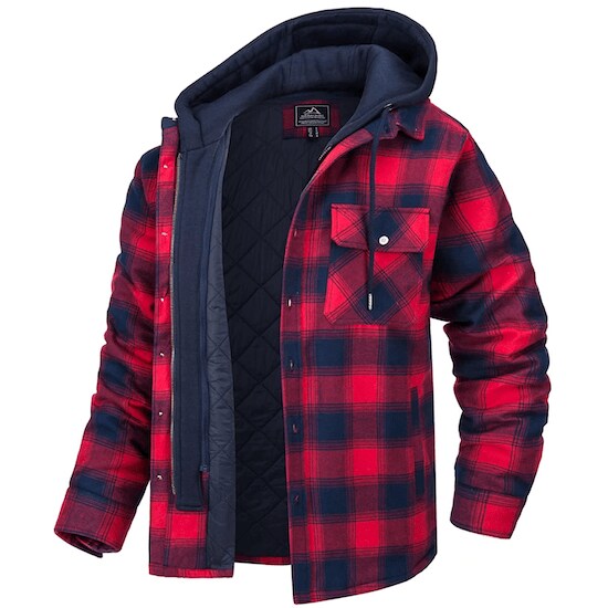 A red Magcomsen Men’s Hooded Plaid Quilted Flannel Shirt Jacket with a blue interior, blue hoodie, and blue drawstrings