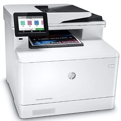 A white HP Color LaserJet Pro Multifunction M479fdn Laser Printer with a black touch screen and black output bin