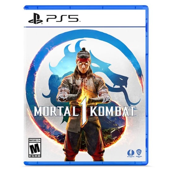 A white and blue box packaging of Mortal Kombat 1 that features Fire God Liu Kang in front of the iconic Mortal Kombat dragon logo